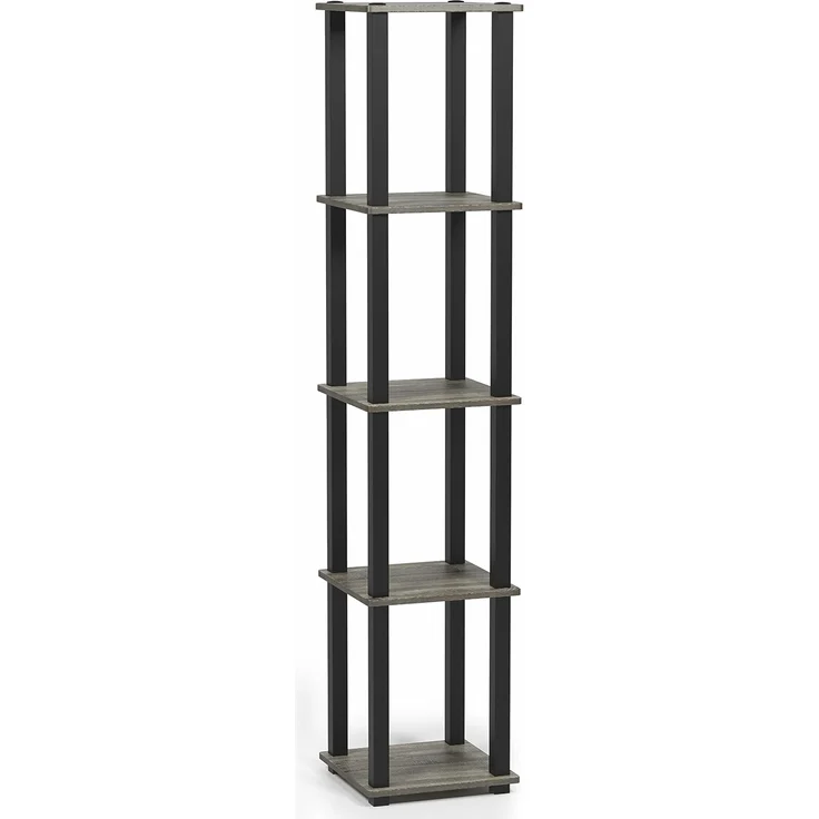 Furinno Regal mit 4 Fächern, holz, Französische Eiche Grau/Schwarz, 29.46 x 29.46 x 146.56 cm