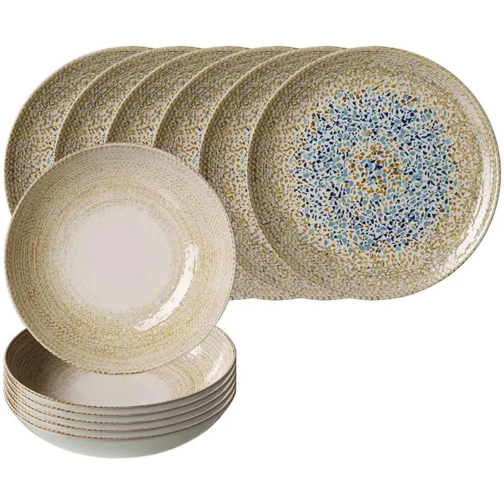 Presotto Rimini Tafelservice, 12-teiliges Geschirrset in Beige aus Keramik, spülmaschinenfest, Mosaik-Design