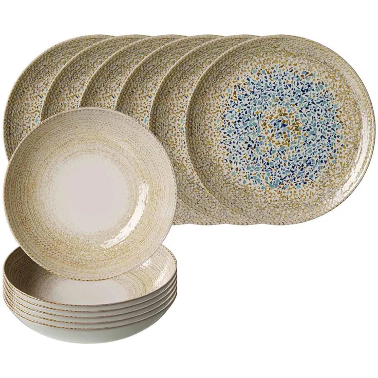 Presotto Rimini Tafelservice, 12-teiliges Geschirrset in Beige aus Keramik, spülmaschinenfest, Mosaik-Design