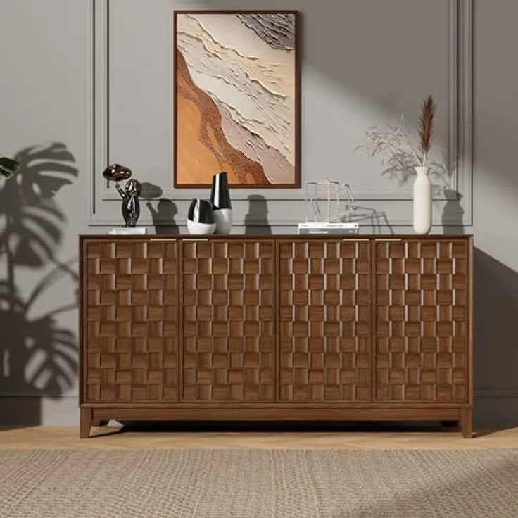 COLAMY Sideboard 150 cm Holz mit Stauraum – Modernes Sideboard für Wohnzimmer, Küchenschrank mit verstellbaren Einlegeböden, Buffet Schrank mit 3D Holzfront, Walnut