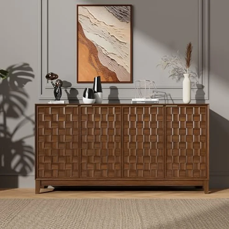 COLAMY Sideboard 150 cm Holz mit Stauraum – Modernes Sideboard für Wohnzimmer, Küchenschrank mit verstellbaren Einlegeböden, Buffet Schrank mit 3D Holzfront, Walnut – Bild 1