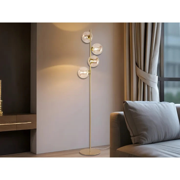 Ausgefallene LED Stehlampe mehrflammig Gold - Glaskugeln Bernstein Höhe 160cm
