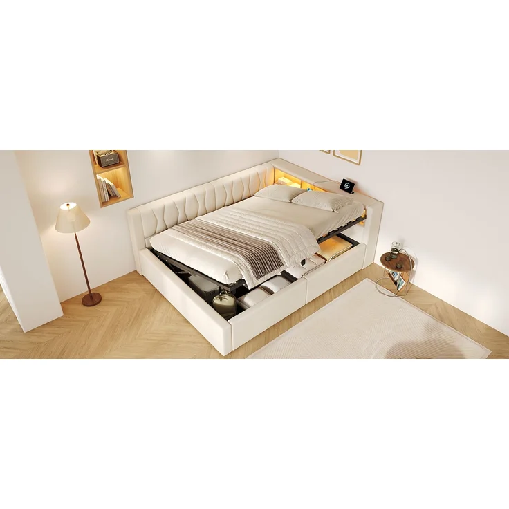 TavilaEcon Daybett Schlafsofa, Tagesbett mit dimmbarer LED-Leiste & USB-Anschluss beige Liegefläche 140 × 200 cm – Bild 7