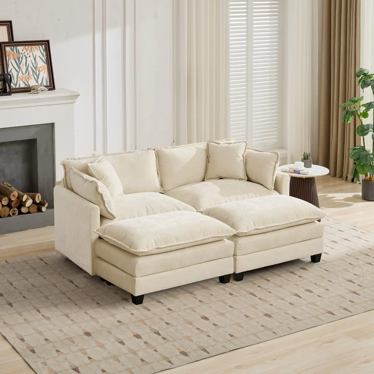 ZUBALIYA Sofa mit LED - Beleuchtung, mit Chenille - Bezug, mit Cordbezug, modular aufgebaut, aus Chenille, Beige – Bild 10