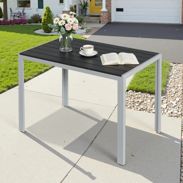 Clevich Gartentisch 110x70 cm aus Aluminium & WPC - Wetterfeste Balkontafel, hitze- und witterungsbeständig für Terrasse und Garten (Silber + schwarz) – Bild 2