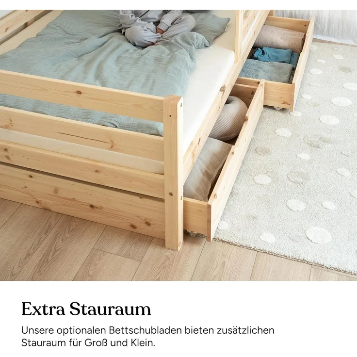 Ehrenkind Kinderbett aus massivem Kiefernholz mit Rausfallschutz in Natur und Weiß (Jugendbett in weiß, Kinder Bett), Kinderbett 120x200 cm – Bild 8