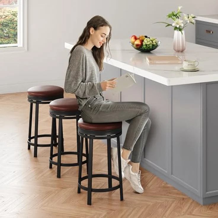 GarveeHome 360°Drehbar Runde Barhocker 2er Set, 62cm Hoch Barstühle mit Fußstütze, Küchenthekenhocker mit PU-Kunstleder und Metallrahmen, Hocker für Bartisch, Küchenstühle für Küche/Bar, Braun – Bild 6