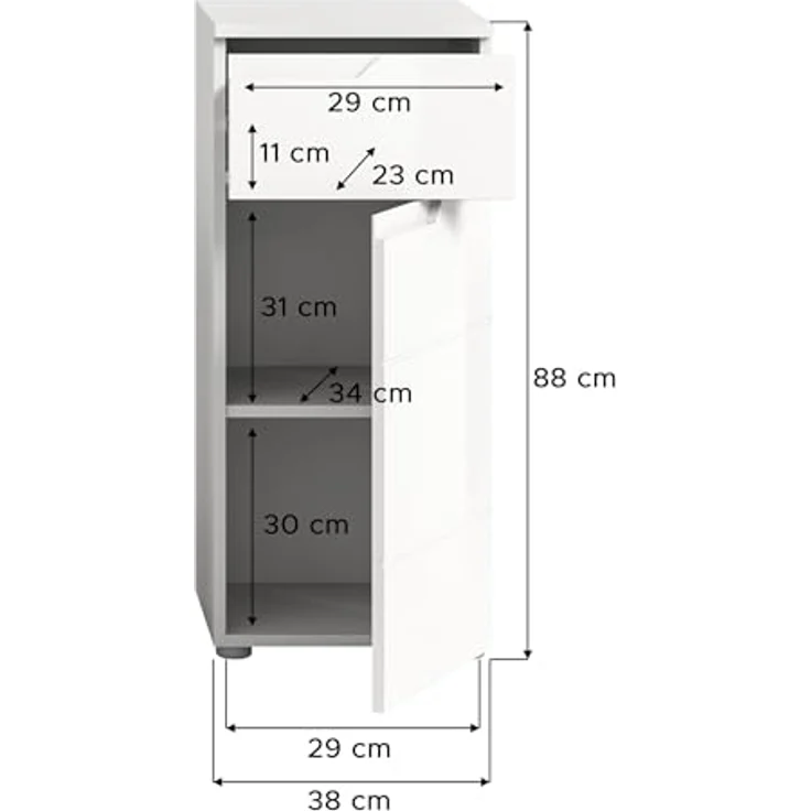 xonox. home Bad Solero X7WA9701 Standschrank Standmöbel Stauraumschrank Kompaktschrank in Weiß Nachbildung und weiß Hochglanz tiefzieh, ca. B/H/T: 38 x 87 x 34 cm – Bild 4