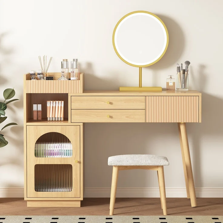 Schminktisch Make-up Tisch Set mit hochauflösendem LED-Spiegel, 3 Schubladen, Seitenschrank mit transparentem Regenbogenglas, Naturfarben – Bild 2