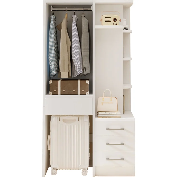 Kleiderschrank 70x45x135 cm in Weiß mit offenem Hängebereich und Schubladen – Bild 4
