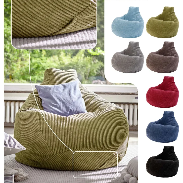 Green Bean® Sitzsack mit Rückenlehne 80x80x90cm - Gaming Chair mit 230L Füllung Cordstoff - Bean Bag Bodenkissen Lounge Sitzhocker Relax-Sessel Gamer Gamingstuhl Grün – Bild 2
