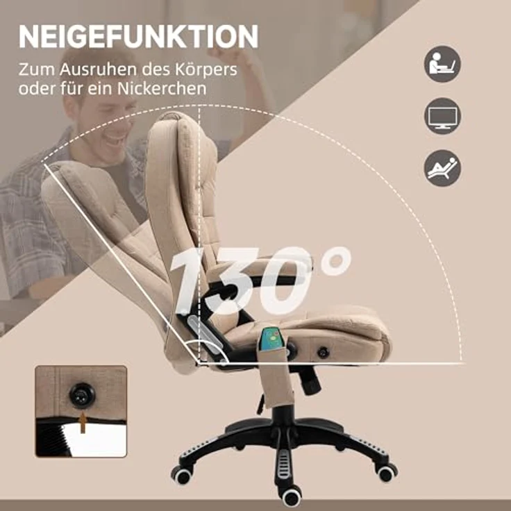 Vinsetto Schreibtischstuhl mit Vibrationsmassage, Heiz-, Liegefunktion, ergonomisch (Massagesessel, 1 St), für Wohnbereich, Braun – Bild 8