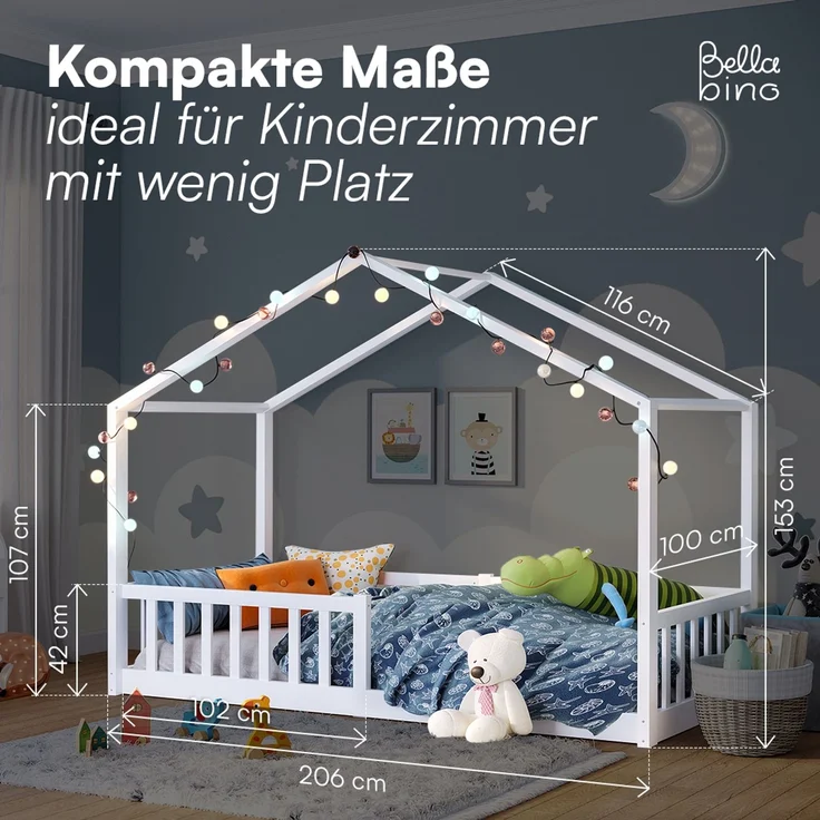Bellabino 'Bia' Hausbett 90x200 cm, weiß, Kiefer Massivholz, Bodenbett in Hausoptik, Montessori Kinderbett mit Rausfallschutz und Lattenrost – Bild 9