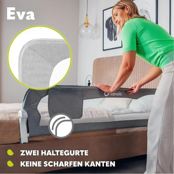 lionelo Bettschutzgitter Eva (TOP, Zwei Sicherheitsgurte, Neigungsverstellung, einfache Montage), Einfache Montage, Zusammenklappbar um 180 Grad, Robuste Konstruktion – Bild 2
