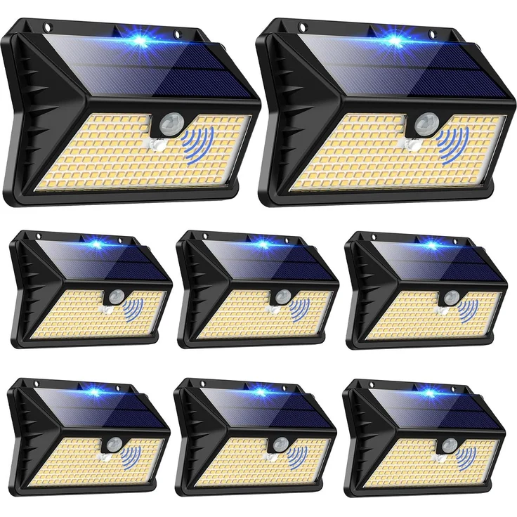 OUILA Solarlampen für Außen Wand【8 Stück】, 185 LED 3 Modi Solar Aussenleuchte mit Bewegungsmelder, IP65 Wasserdichte LED Solar Wandleuchte, Garten, Hof, Zaunbeleuchtung, Haustüren（Warmweiß