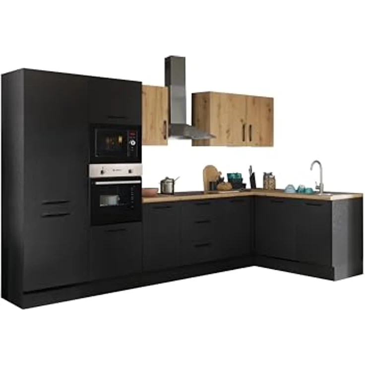 Turin LBM Eckküche 340 x 211 x 60 cm, schwarz - Ohne Küchengeräte - Moderne, geräumige Küche in Artisan-Eiche Optik mit viel Stauraum – Bild 2