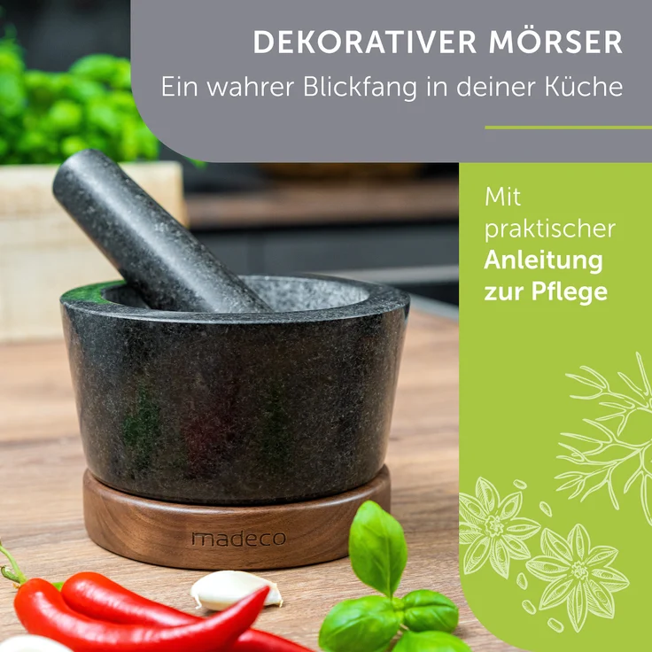 madeco Mörser mit Stößel Granit auf Holzsockel Nussbaum Ø 14,5 cm - Perfekt geeignet für Gewürze, Kräuter & Nüsse - Steinmörser Set - Design Granit Mörser & Stößel groß – Bild 2