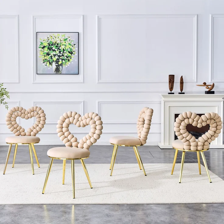 LVHOM 2er Set Esszimmerstuhl mit herzförmiger Rückenlehne, Polsterstuhl aus Samt & Metall, Designstuhl für Büro, Schminktisch und Wohnzimmer, Khaki – Bild 7
