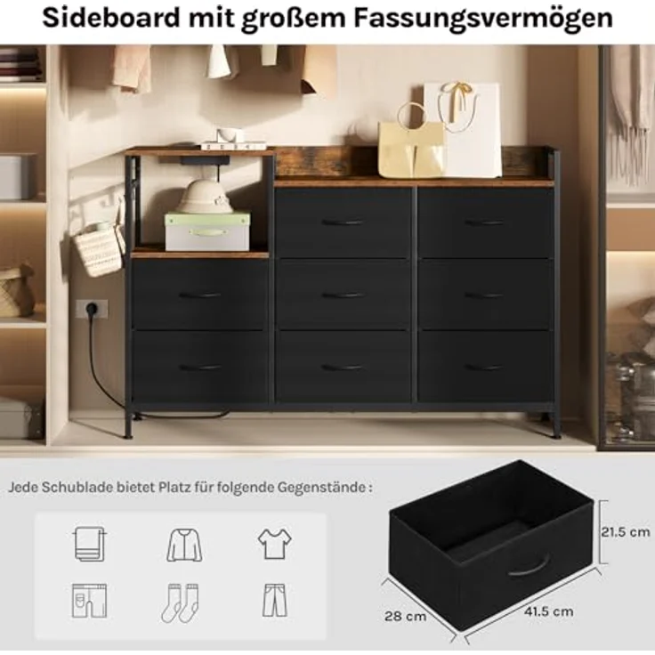 Woltu Kommode (1 St), mit 8 Schubladen Steckdosen, Metallrahmen Holzwerkstoff – Bild 8