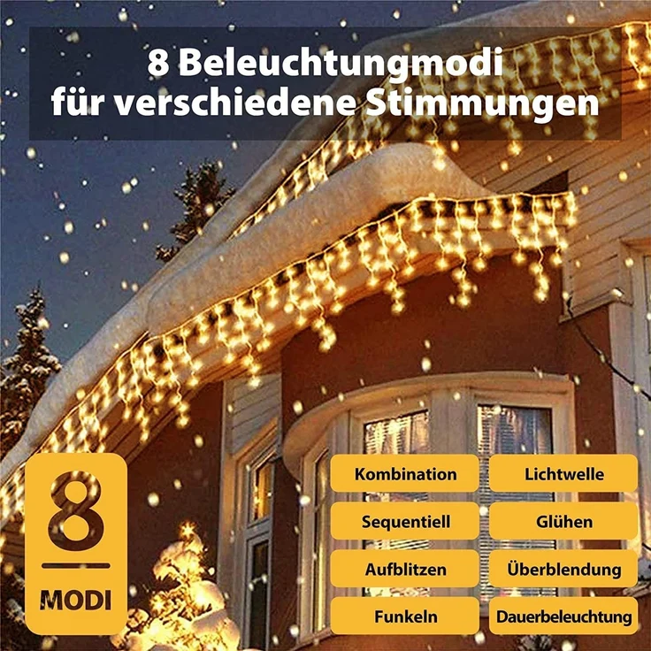 SALCAR 5m LED Lichtervorhang Außen, Eisregen Lichterkette Outdoor mit Fernbedienung und Timer, Weihnachtsbeleuchtung Innen Fenster 8 Modi, Warmweiß – Bild 2