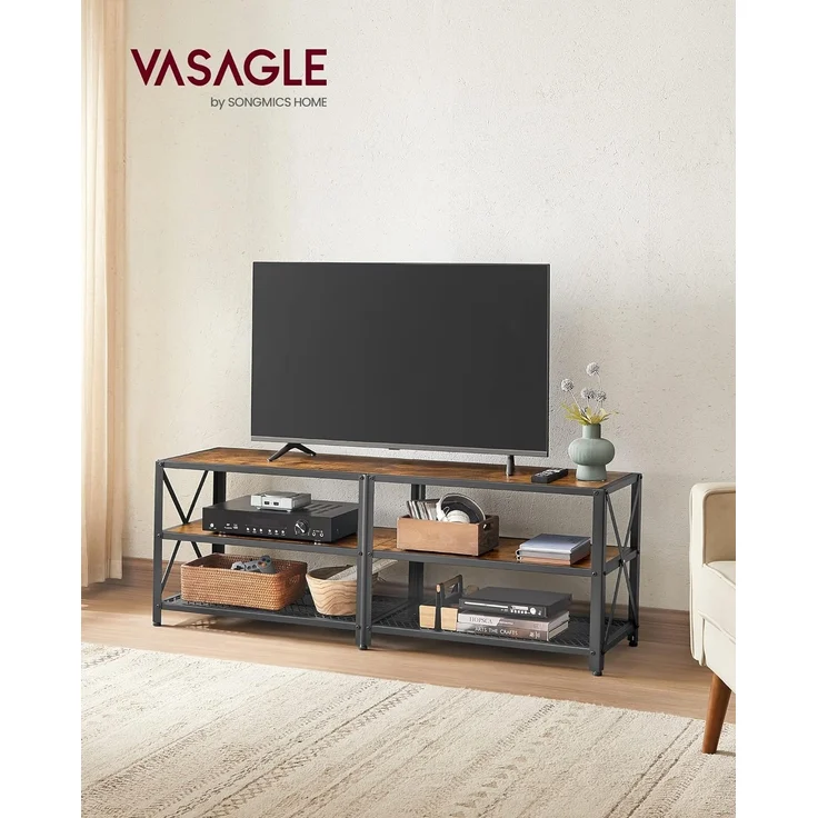 TV-Ständer für Fernseher bis 60 Zoll, TV-Tisch, Entertainment-Center, 3-stufige TV-Konsole, Stahlrahmen, Industriestil, – Bild 2