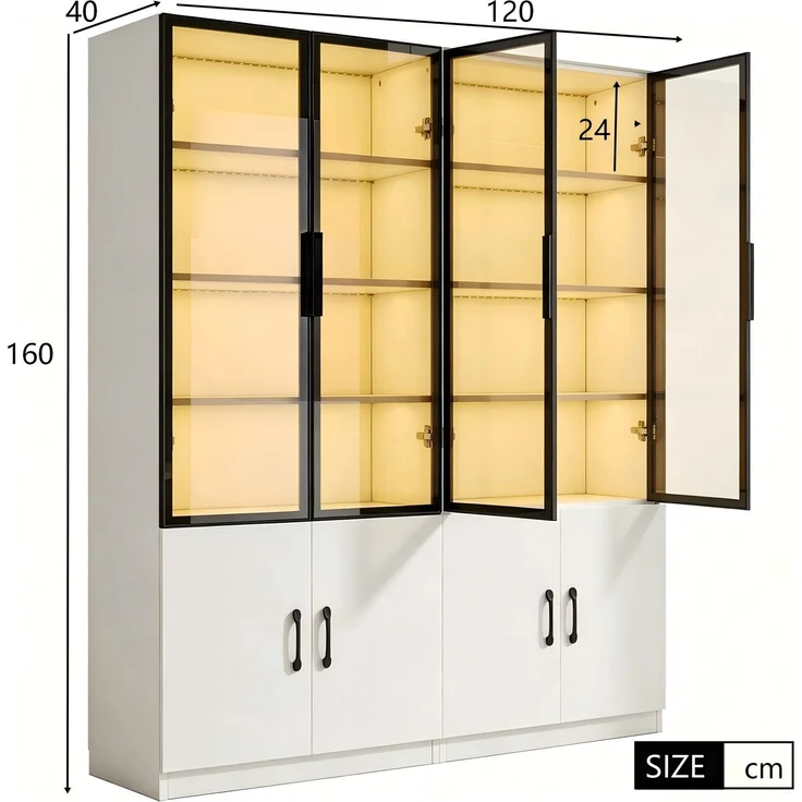 ZUBALIYA 120*40*160 cm große Vitrine mit LED-Beleuchtung – Kombinationsvitrine, Vitrine aus Rauchglas mit Aluminiumrahmen und zwei Türen im unteren Bereich, Bücherregal, Vitrine,Sideboard – Bild 6