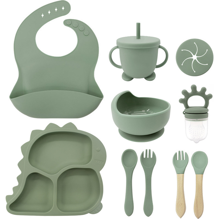 ABC Kindergeschirr-Set mit Dinosaurier-Motiv, Schüssel aus lebensmittelechtem Silikon, Babygeschirr für die Beikostvorbereitung, mit Fächern - dunkelrosa