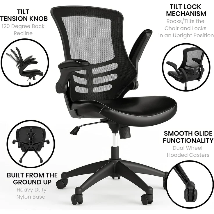 Flash Furniture Bürostuhl mit mittelhoher Rückenlehne – Ergonomischer Schreibtischstuhl mit hochklappbaren Armlehnen und LeatherSoft-Material – Perfekt für Home Office oder Büro – Schwarz – Bild 5