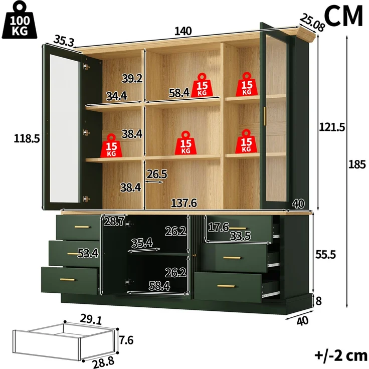 Hochschrank mit Glasvitrinen, 6 Schubladen & verstellbaren Böden, 140x40x185 cm, Grün – Bild 4