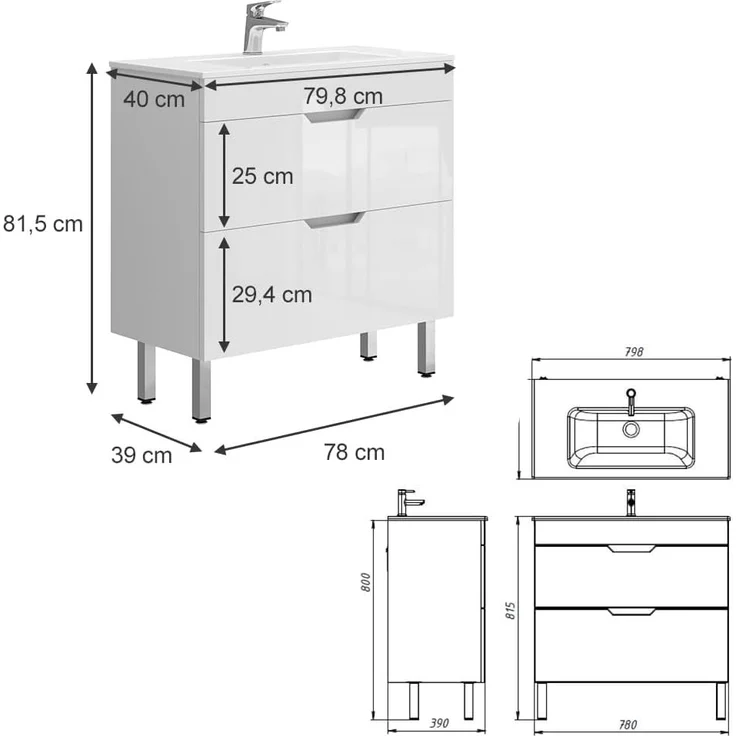 Waschbeckenunterschrank Clayton Weiß 2 Teile, Unterschrank 80 cm Vicco – Bild 3