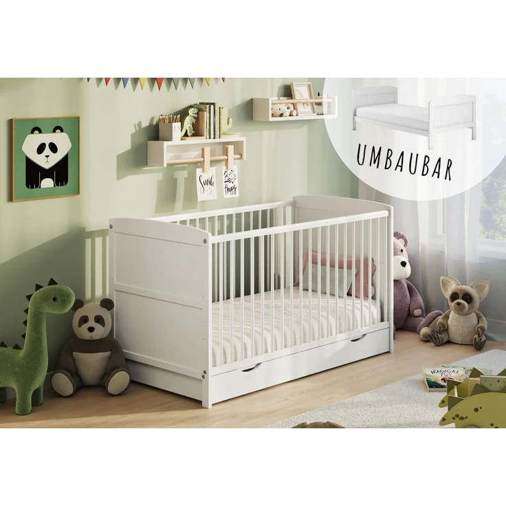 Kids Collective Babybett Kinderbett 60x120/70x140 cm umbaubar zu höhenverstellbares Lattenrost, 70x140 cm mit Schublade von Geburt bis 6. Lebensjahr – Bild 1