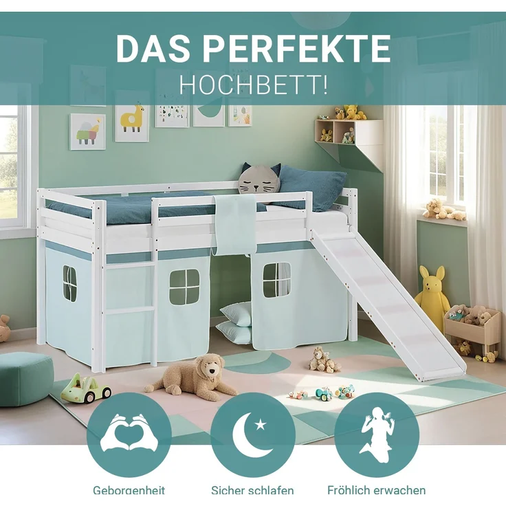 Hochbett Kinder 90x200 cm mit Rutsche Kinderbett Kinderhochbett Stockbett Vorhang Grün Mintgrün Leiter Holz Massiv – Bild 5