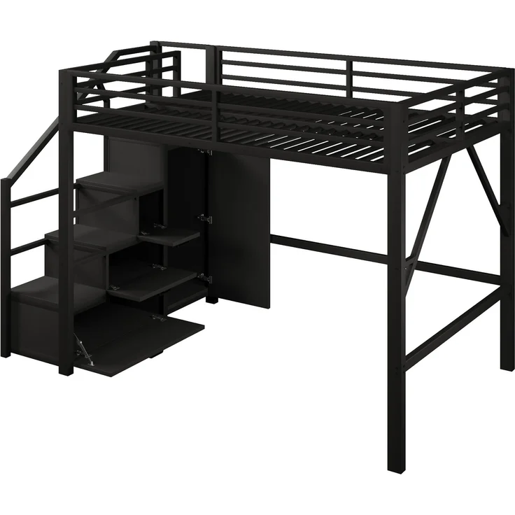 U-life Metall-Hochbett 140x200 cm mit Staufächern, Kleiderschrank, Treppe und LED-Beleuchtung, Schwarz – Bild 2