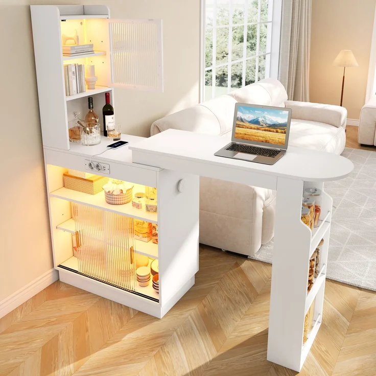 ZUBALIYA Küchenschrank mit Glastüren / Barschrank & Sideboard, mit ausziehbarer Bartisch & Stehtisch mit Stauraum und steckdose, Weiß, 131–170 x 40 x 170 cm, fürs Büro, mit LED, Samt – Bild 2