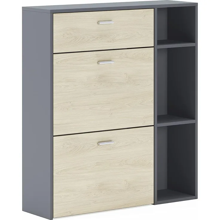 Skraut Home – Schuhschrank – 102 x 90 x 26 cm – Kapazität für 12 Paar Schuhe – 2 Flügeltüren + 1 Schublade – Windmodell – Grau/Eiche-Finish