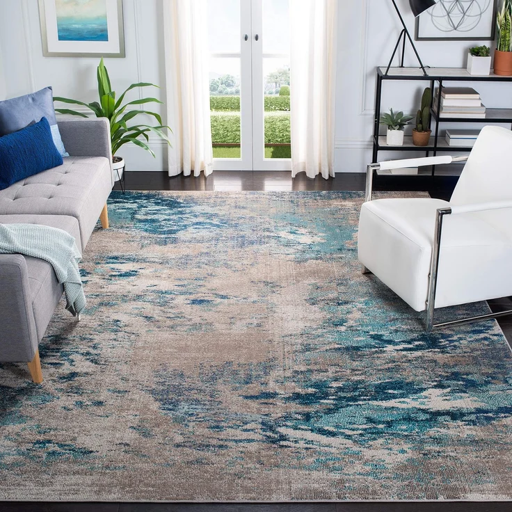 SAFAVIEH Boho Teppich für Wohnzimmer, Esszimmer, Schlafzimmer - Madison Collection, Kurzer Flor, Blau und Grau, 200x200 cm