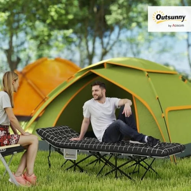 Outsunny Feldbett Campingbett 190 x 67 x 37 cm Gästebett bis 150 kg (mit dicker und weicher Matratze zum Schlafen, 1-St, mit rutschfesten Füßen) Seitentasche und Tragetasche, Schwarz – Bild 2