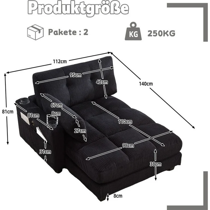 LVHOM Polsterliege Ottomane/Loungesofa/Polsterbett/Daybett/Gästebetten/Schlafsofa (USB/Typ C-Ladeanschlüssen, Seitentaschen, Getränkehalter, modularer Flexibilität Palmen Sessel, links & rechts tauschbare Armlehnen, Schlaffunktion, Platzsparend, 1-St, ... – Bild 2