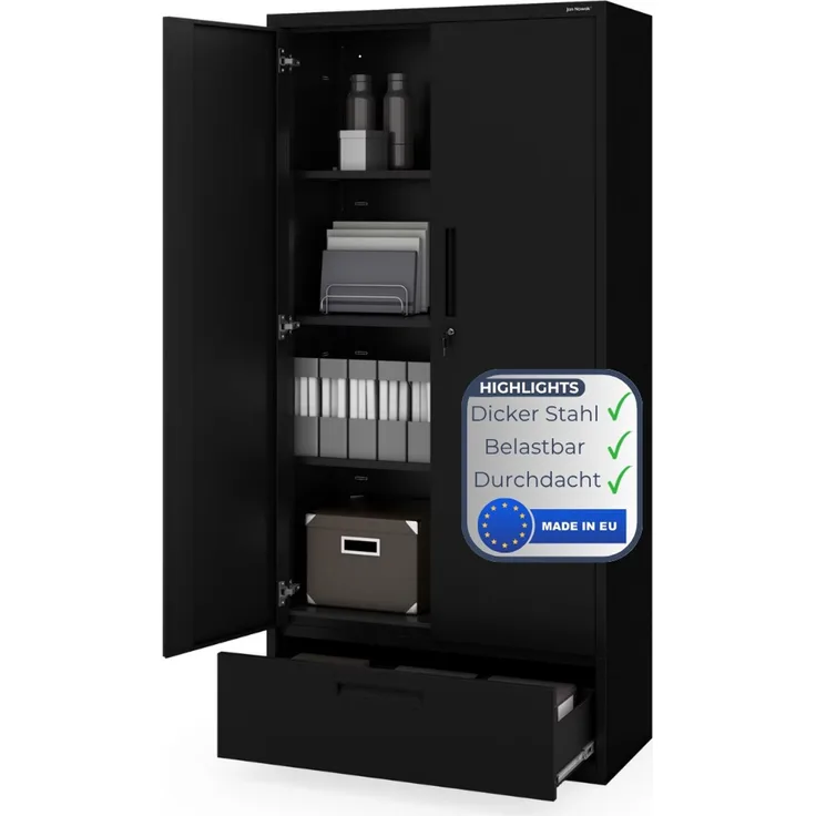 Metallschrank mit Einzel-Schublade RUEL - 195x90x40cm Schwarz | Büroschrank Aktenschrank Stahlschrank Fachbodenschrank Werkstattschrank