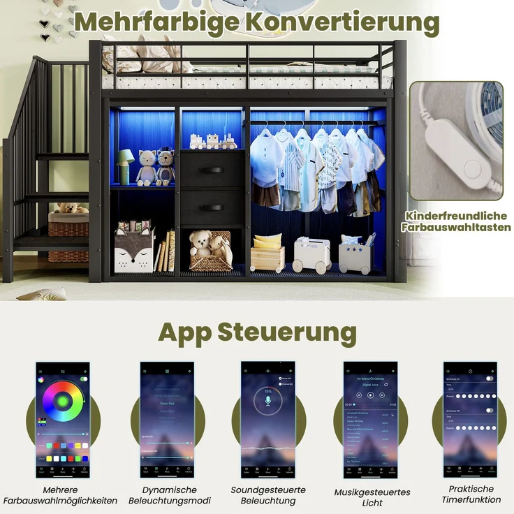 EINHOM 90 x 200 cm, Halbhohes Bett, 2 Schubladen, Offener Kleiderschrank, Mehrfarbige LED-Beleuchtung, Mehrere Staufächer, Schwarz (Ohne Matratze) – Bild 4