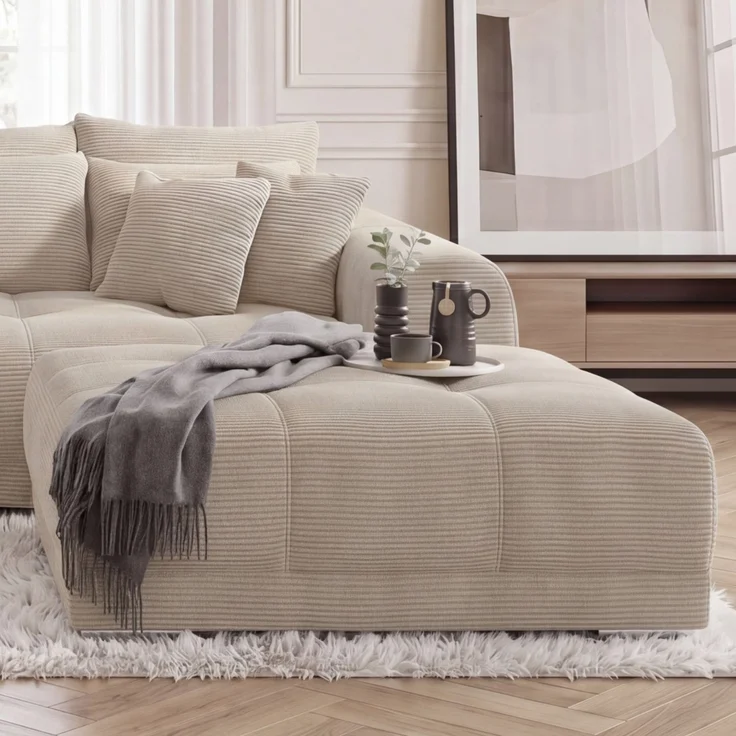 Polsterhocker XXL für Big-Sofa 120x120, Federkern Polstersitz in Cord Beige Grau – Bild 2