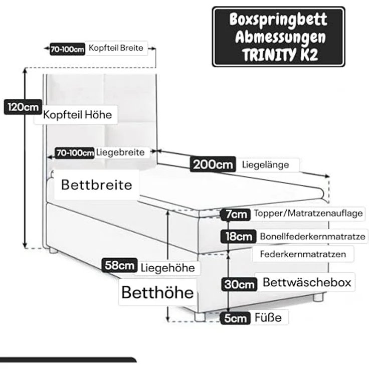 Best for Home Boxspringbett K2 SINGLE mit Bettkasten, Bonellmatratze & Komfort-Topper H3 (Einzelbett, Hotelbett, Polsterbett gepolstertes Kopfteil, Jugendbett, Kinderbett versch. Größen, 70x200 80x200 90x200 100x200 cm), verschiedene Liefermöglichkeite... – Bild 6