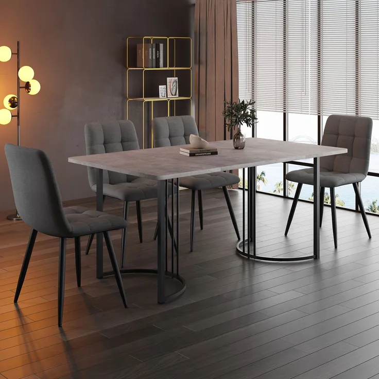 Essgruppe (5-tlg),Esstisch mit 4 Stühlen Set, Moderner Küchentisch Set , 140×80cm Küchentisch mit Schwarz Metallbeinen, MDF Tischplatte in Grau,Dunkelgrau Leinen Esszimmerstühle--Herde--96x69x18.5cm--YOUDENOVA