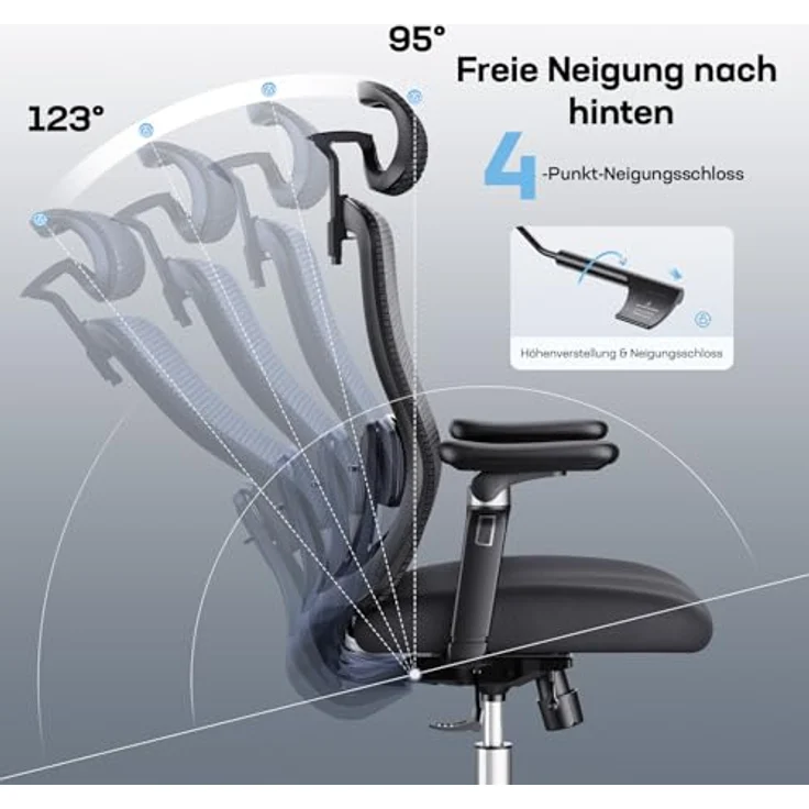 Marsail Bürostuhl mit 6D-Armlehnen, 3D-verstellbarer Kopfstütze, Schiebesitz, Lendenwirbelstütze, 4-Position-Neigungsschloss – hoher und großer Schreibtischstuhl mit Kapazität von 150kg, Schwarz, 4PCS – Bild 7