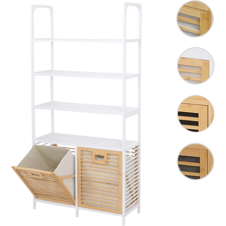 Bambus-Badezimmerschrank HWC-N83, Regal Badschrank, 2 Wäschekörbe 4 Regalböden MVG 168x81x33cm ~ natur-weiß, Korb natur – Bild 10