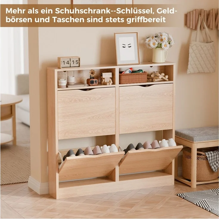 ELUCHANG Schuhschrank Schmal mit 4 Klappen Platzsparender (1-St) 100×17×100cm, braun – Bild 3