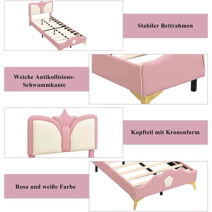 Merax Polsterbett, 90 x 200cm Einzelbett, Kinderbett, Kopfteil mit Kronenform, Weiche Antikollisions-Schwammkante und Kopfteil, Rosa+Weiß – Bild 5