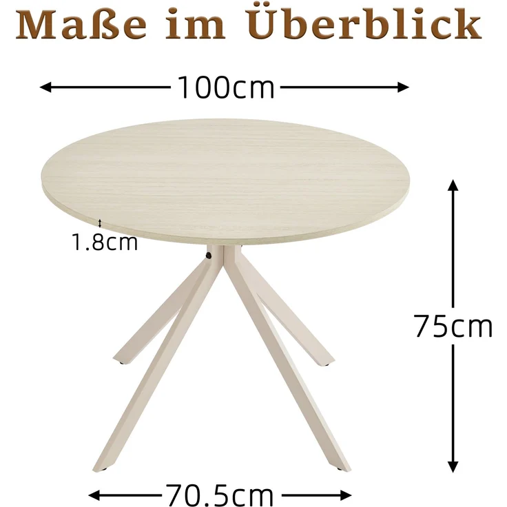 GOEURVANT 1001 Esstisch Set rund Ø 100 cm in Travertin-Optik weiß, Küchentisch mit 4 eleganten Stühlen in Cremeweiß – Bild 5