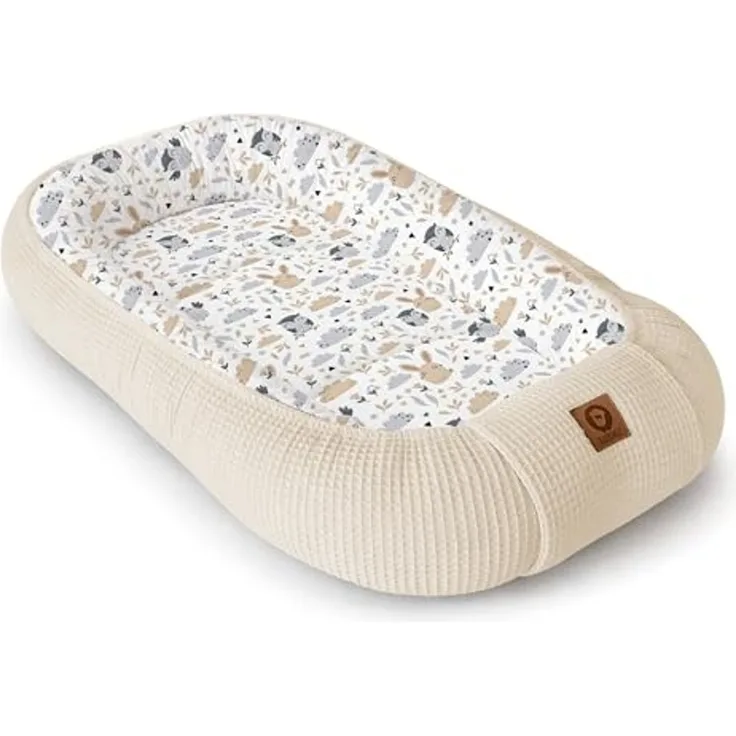 Babynestchen Neugeborene – Nestchen Baby aus Waffel Baumwolle & Baumwollstoff – Babynest für Babybett & Kinderbett – Baby Kokon Tragbar – OEKO-TEX – Zubehör für Babybett - Eulen und Hellbeige