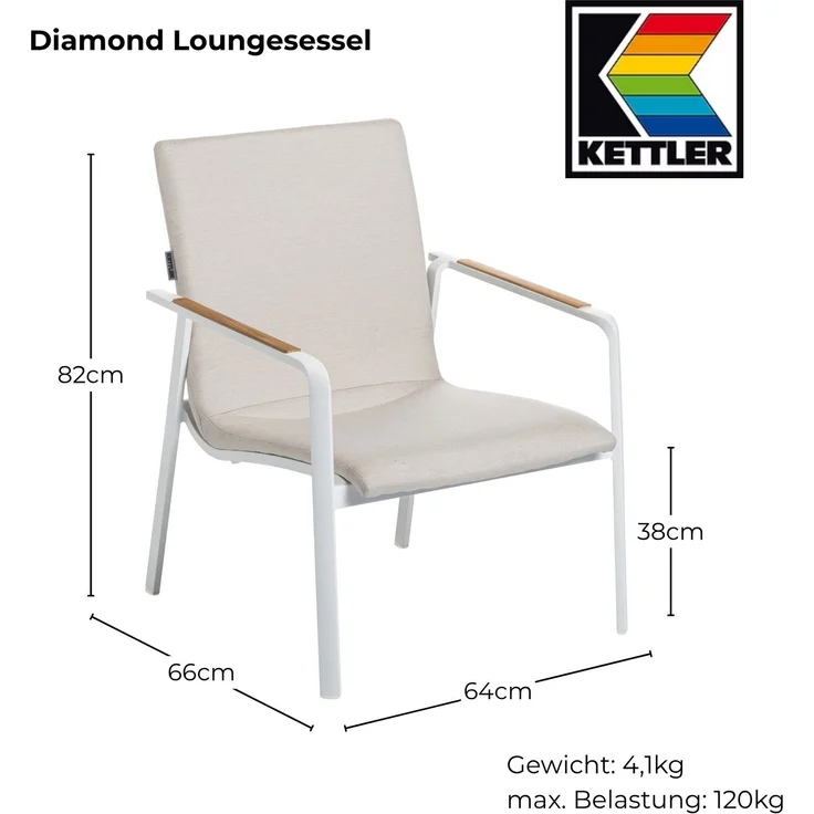 KETTLER DIAMOND Lounge Sessel Polster Sunbrella weiß Teak – Bild 3